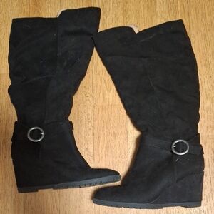 Black Wedge Knee-High Boots